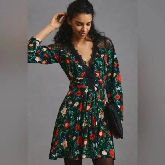By Anthropologie Floral Lacy V-Neck Mini Dress NWT - Picture 1 of 7